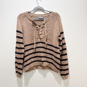 Wooden Ships Tan and Black Striped Lace Up Tie Detail Sweater Size S/M